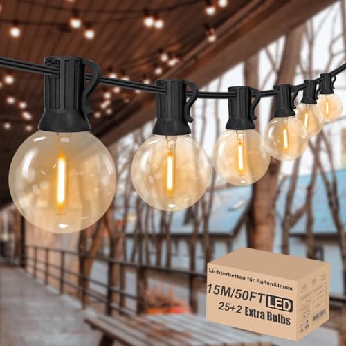 Achin 15M LED Lichterkette Außen Warmweiß 2700K Outdoor Lichterkette mit 25+2 G40 E12 Birnen Dimmbar Lichterkette für Außen Garten Hochzeit Terrassen von Achin