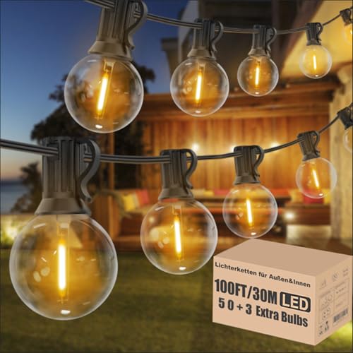 Achin LED Lichterkette Außen 30M, Outdoor Lichterkette mit 50+3 G40 E12 Birnen IP44 Wasserdich Lichterkette für Außen Garten Terrassen Balkon Hochzeit, Warmweiß 2700K von Achin