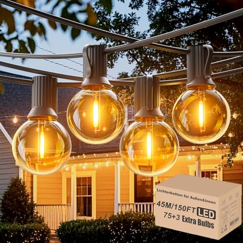 Achin Lichterkette Außen 45M, Outdoor Lichterkette IP45 Wasserdich mit 75+3 G40 LED Birnen E12 Lichterkette für Außen Hochzeit Garten Terrassen, Warmweiß 2700K von Achin