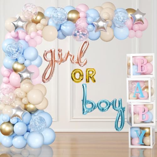 Acidea 159pcs Gender Reveal Balloon Boxes Decorations, Pink and Blue Balloon Garland Kit 4pcs Boxes with Letters for Baby Shower, Boy or Girl Birthday, Gender Reveal Party Supplies von Acidea