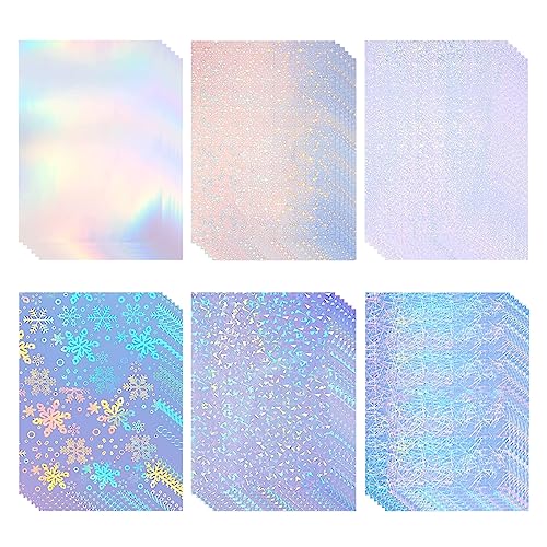 Acidea 36 Blatt Holografisches Vinyl Aufkleber Papier, Bedruckbares Selbstklebend Stickerpapier, Wasserdicht Schnelltrocknend Regenbogen Papier für Tintenstrahl und Laser drucker, 6 Styles Gemischt von Acidea