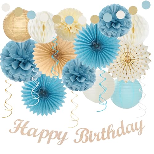 Acidea Geburtstagsdeko hellblaue Beige Champagner, 21 Stück Deko Geburtstag Mädchen Junge,Glückliche Banner Girlande, Papier Blumenkugeln, Papierflüchter, Premium Wiederverwendbare Party Deko von Acidea