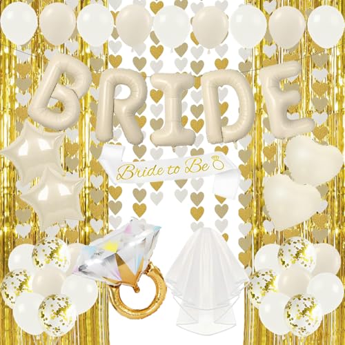 Acidea Junggesellinnenabschied Dekorationen, Bride to be Brautdusche Dekorationen mit 40 Zoll Braut Luftballons, Schärpe, Schleier und Folienvorhänge Creme Sterne Herz Luftballons für Bachelorette Acidea Junggesellinnenabschied Dekorationen, Bride to be Brautdusche Dekorationen mit 40 Zoll Braut Luftballons, Schärpe, Schleier und Folienvorhänge Creme Sterne Herz Luftballons für Bachelorette von Acidea