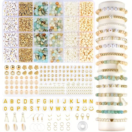 Acidea Perlen Set für Armbänder, Natürliche Edelstein Perlens für Armbänder Selber Machen, Perlen zum Auffädeln mit Buchstabenperlen Zubehör, DIY Glasperlen Set für Halskette Schmuckherstellung von Acidea