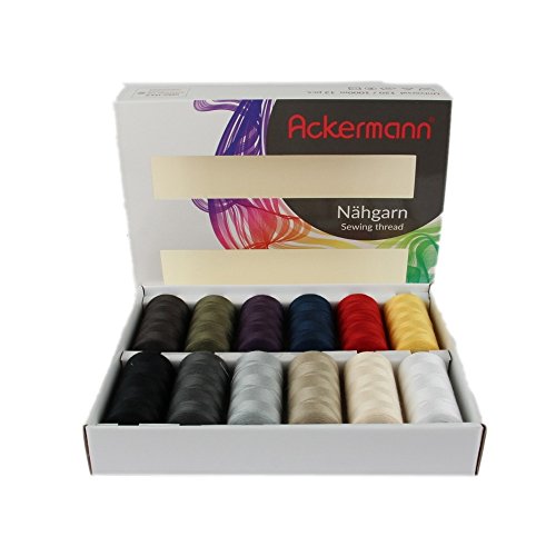 ACKERMANN 12.000m Nähgarn (12x 1.000m) Universal Nähgarn Farben-Mix in 12 Farben Stärke 120, Markengarn in sehr schöner und funktionalen Box von Ackermann