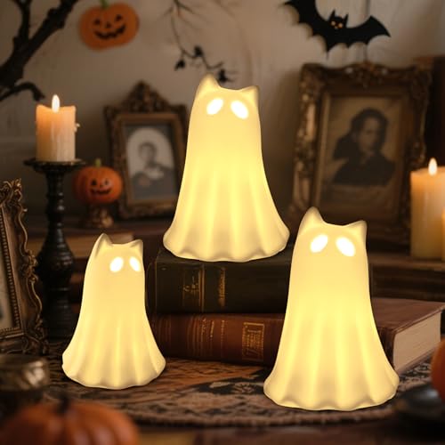 Aclema Leuchtende Keramik-Geisterkatze, 3 Packungen niedliche Geister-Halloween-Dekorationen, Bauernhaus, kleine weiße Katze, Geisterfiguren für Zuhause, Wohnzimmer, Schreibtisch, Couchtisch von Aclema