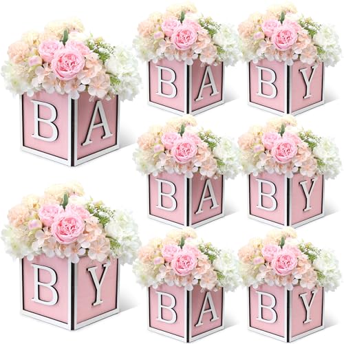 Acmee 8er-Set Babyparty-Mittelstücke für Tische – 15,2 cm Holzboxen mit Baby-Buchstaben, rustikaler Würfel-Pflanzgefäß, Holzblöcke für Jungen und Mädchen, Geschlechtsoffenbarung, Partygeschenk (Rosa) von Acmee
