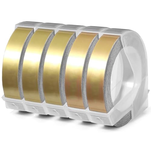 Acmerota 5 Stück Etikettenband mit Goldprägung, selbstklebendes Klebeband, kompatibel für DYMO Omega Etikettenband, 9 mm x 3 m Rollen, weißer Druck auf Gold, 3D-Prägungsetikettenband von Acmerota