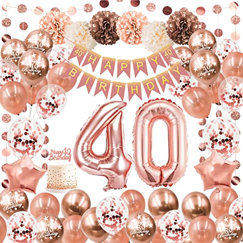 40 Geburtstag Deko Frauen,Luftballon 40. Geburtstag Rosegold Mit Geburtstag 40 Deko,Geburtstagsdeko 40 Happy Birthday Banner,Deko 40. Geburtstag Ballons,Konfetti Ballon für 40 Deko Frau Mehrweg von AcnA