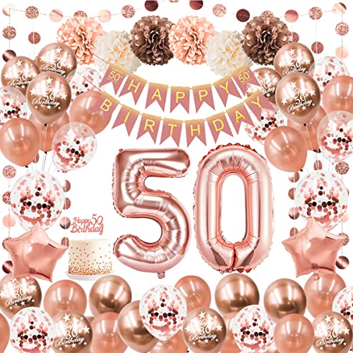 50 Geburtstag Deko Frauen,Luftballon 50. Geburtstag Rosegold Mit Geburtstag 50 Deko,Geburtstagsdeko 50 Happy Birthday Banner,Deko 50. Geburtstag Ballons,Konfetti Ballon für 50 Deko Frau Mehrweg von AcnA