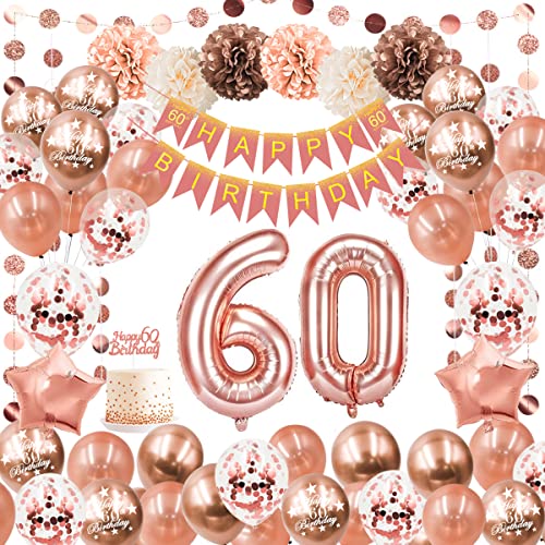 60 Geburtstag Deko Frauen,Luftballon 60. Geburtstag Rosegold Mit Geburtstag 60 Deko,Geburtstagsdeko 60 Happy Birthday Banner,Deko 60. Geburtstag Ballons,Konfetti Ballon für 60 Deko Frau Mehrweg von AcnA