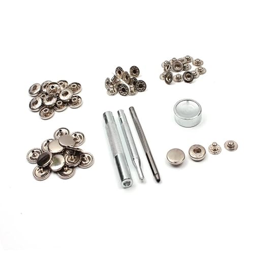 Acouto Messing Schnappverschluss, Eisen -Einstellungswerkzeug, 15mm 23pcs Lederbefestigungsset für Kleidung, Lederhandwerksreparatur mit Reparaturwerkzeug (Silber 831#) von Acouto