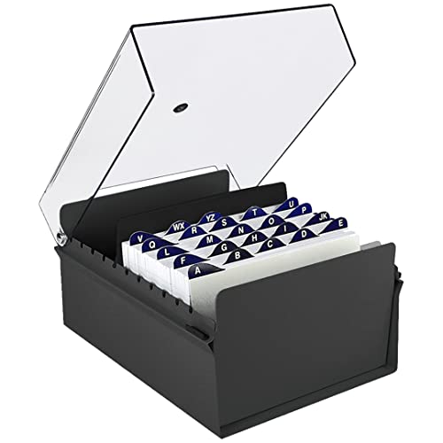 Acrimet 6" x 9" Karteikartenhalter Organizer mit Metallbasis, Robust (Inklusive AZ-Indexkarten und einem Kunststoff-Trenner) (Schwarz mit klarer Kunststoffdeckelabdeckung) von Acrimet