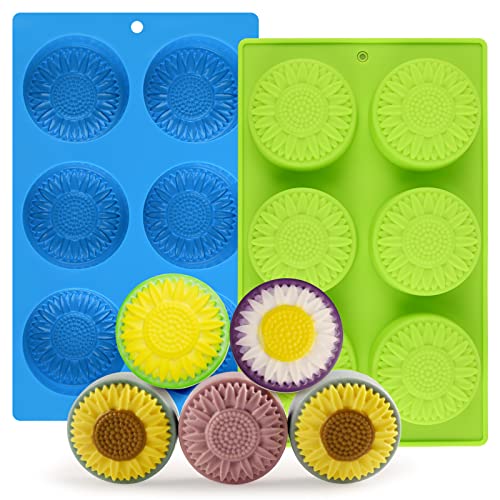 Actvty Runde Sonnenblumenseifenformen, 2 Stück, 6 Mulden, zylinderförmige Gänseblümchen-Silikonformen für heiße Schokoladenbomben, Kuchen, Gelee, Seife, Lotion-Riegel von Actvty