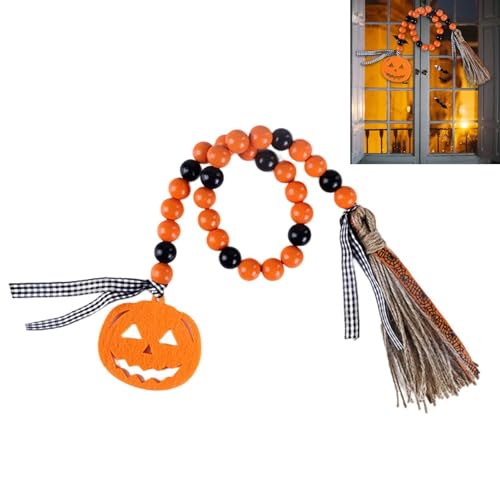 Acunny Halloween-Holzperlen-Quaste, Halloween-Holzperlengirlande mit Quaste, Geist, schwarze Katze, , rustikales Holzperlenseil für die Wanddekoration von Acunny