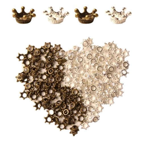 Acxico 100-teiliges Vintage-Kronen-Metallperlen-Set, goldene und silberne Kronen-Abstandshalter für Schmuckherstellung, Perlenarmband, Schlüsselanhänger, Bastelzubehör und Schmuckzubehör von Acxico