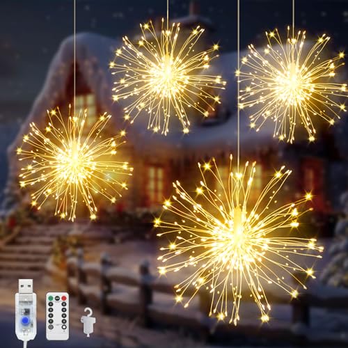 Acxilexy 4 Stück Feuerwerk Lichterkette, 480 LEDs USB Hängende Feuerwerk Lichter, 8 Modi Wasserdicht Feuerwerk Licht, Fernbedienung, Kupferdraht Feuerwerk Lichter für Balkon Garten Deko von Acxilexy