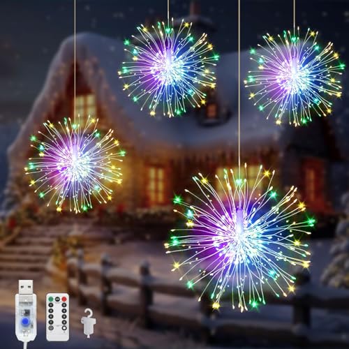 Acxilexy 4 Stück Feuerwerk Lichterkette, 480 LEDs USB Hängende Feuerwerk Lichter, 8 Modi Wasserdicht Feuerwerk Licht, Fernbedienung, Kupferdraht Feuerwerk Lichter für Balkon Garten Deko von Acxilexy