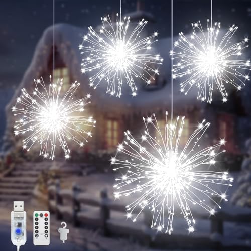 Acxilexy 4 Stück Feuerwerk Lichterkette, 480 LEDs USB Hängende Feuerwerk Lichter, 8 Modi Wasserdicht Feuerwerk Licht, Fernbedienung, Kupferdraht Feuerwerk Lichter für Balkon Garten Deko von Acxilexy