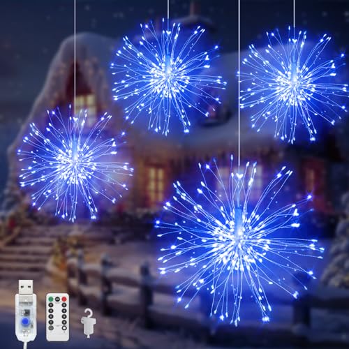 Acxilexy 4 Stück Feuerwerk Lichterkette, 480 LEDs USB Hängende Feuerwerk Lichter, 8 Modi Wasserdicht Feuerwerk Licht, Fernbedienung, Kupferdraht Feuerwerk Lichter für Balkon Garten Deko von Acxilexy