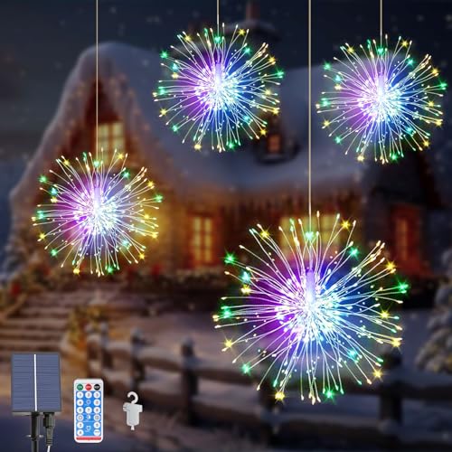 Acxilexy 4 Stück Solar Feuerwerk Lichterkette, 480 LEDs Wasserdicht hängende Feuerwerk Lichter, 8 Modi Feuerwerk Licht, Fernbedienung, Kupferdraht Feuerwerk Lichter für Außen Garten Baum Deko von Acxilexy