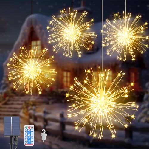 Acxilexy 4 Stück Solar Feuerwerk Lichterkette, 480 LEDs Wasserdicht hängende Feuerwerk Lichter, 8 Modi Feuerwerk Licht, Fernbedienung, Kupferdraht Feuerwerk Lichter für Außen Garten Baum Deko von Acxilexy