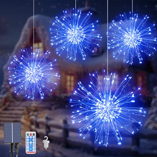 Acxilexy 4 Stück Solar Feuerwerk Lichterkette, 480 LEDs Wasserdicht hängende Feuerwerk Lichter, 8 Modi Feuerwerk Licht, Fernbedienung, Kupferdraht Feuerwerk Lichter für Außen Garten Baum Deko von Acxilexy