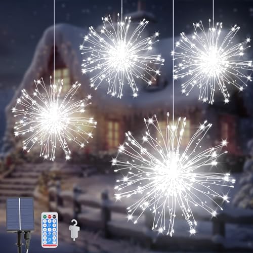 Acxilexy 4 Stück Solar Feuerwerk Lichterkette, 480 LEDs Wasserdicht hängende Feuerwerk Lichter, 8 Modi Feuerwerk Licht, Fernbedienung, Kupferdraht Feuerwerk Lichter für Außen Garten Baum Deko von Acxilexy