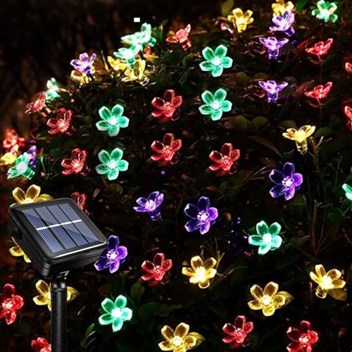 Acxilexy Solar Blumen Lichterketten Aussen, 7M 50LED Blumen-Lichterkette, 8 Modi Blühen Blume Lichterketten, Wasserdichte Kirschblüte Lichterkette für Hochzeit Patio Weihnachten Dekoration von Acxilexy