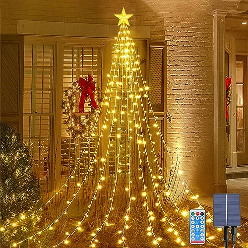 Acxilexy Solar Christbaumbeleuchtung mit Sterne, 2M*9 198 LEDs Tannenbaum Lichterketten, Fernbedienung, Wasserdicht Weihnachtsbaum Lichterketten mit 8 Modi für Weihnachtsbaum, Innen, Außen Dekor von Acxilexy