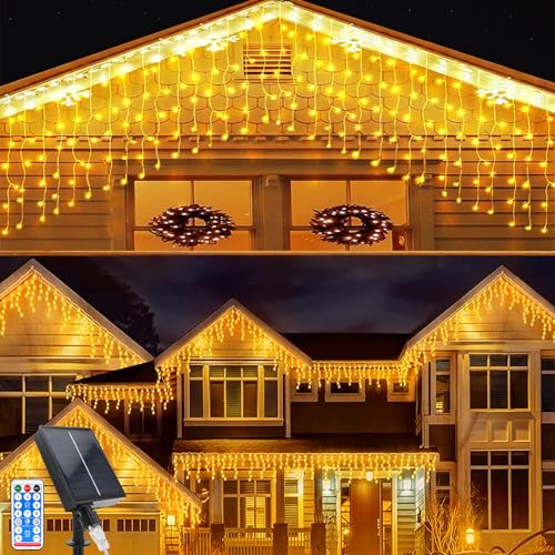 Acxilexy Solar Eiszapfen Lichterkette, 5 * 0.8 M 128 LEDs Eiszapfen Vorhang Lichter mit 8 Modi, Fernbedienung Eisregen Lichterkette, IP65 Wasserdicht Lichtervorhang für Weihnachten, Balkon, Garten von Acxilexy