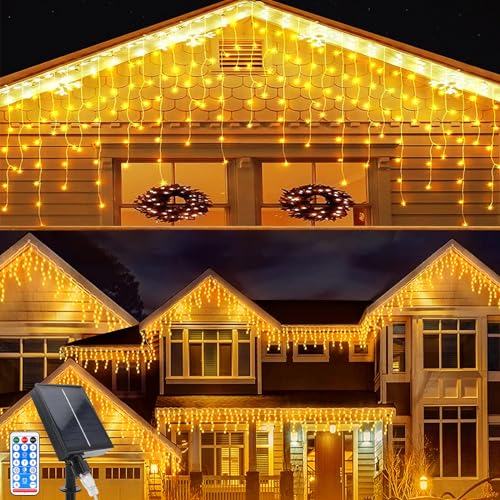 Acxilexy Solar Eiszapfen Lichterkette, 8 M 264 LEDs Eiszapfen Vorhang Lichter mit 8 Modi, Fernbedienung Eisregen Lichterkette, IP65 Wasserdicht Lichtervorhang für Weihnachten, Balkon, Garten von Acxilexy