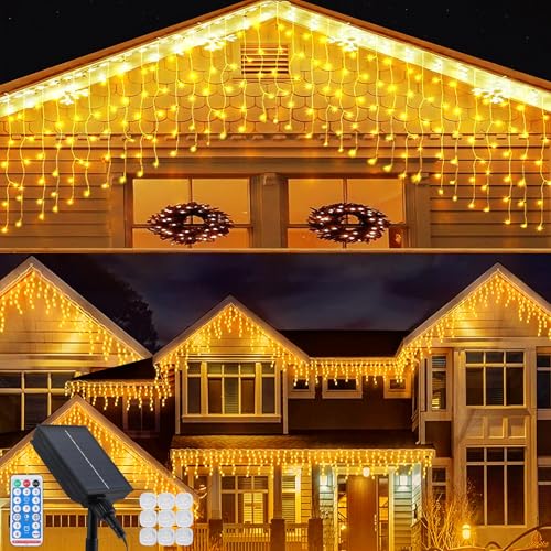 Acxilexy Solar Lichterkette Eisregen Außen 5 M 256 LEDs Wasserdicht Weihnachtsbeleuchtung, Beleuchtung Lichterkette mit Fernbedienung 8 Modi Eiszapfen Vorhang Lichterkette für Weihnachten, Hochzeit von Acxilexy