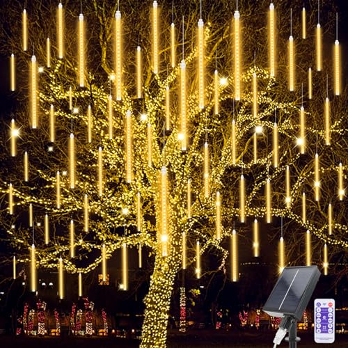 Acxilexy Solar Meteorschauer Regen Lichter, 30 CM 10 Tubes 240 LEDs Schneefalllichter Meteorschauer Regenlicht, Fernbedienung, Wasserdichte Eiszapfen Lichter für Weihnachten Garten Baum von Acxilexy