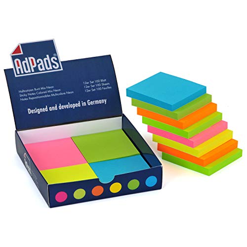 AdPads® selbstklebende Haftnotizzettel | 75 x 70mm, 12 Blöcke à 100 Blatt, Set Bunt Neonfarbe | Große Sticky Notes Box von AdPads
