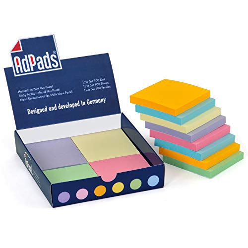 AdPads® selbstklebende Haftnotizzettel | 75 x 70mm, 12 Blöcke à 100 Blatt, Set Bunt Pastellfarbe | Große Sticky Notes Box von AdPads