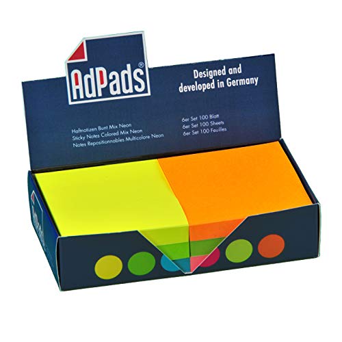 AdPads® selbstklebende Haftnotizzettel | 75 x 70mm, 6 Blöcke à 100 Blatt, Set Bunt Neonfarbe | Kleine Sticky Notes Box von AdPads