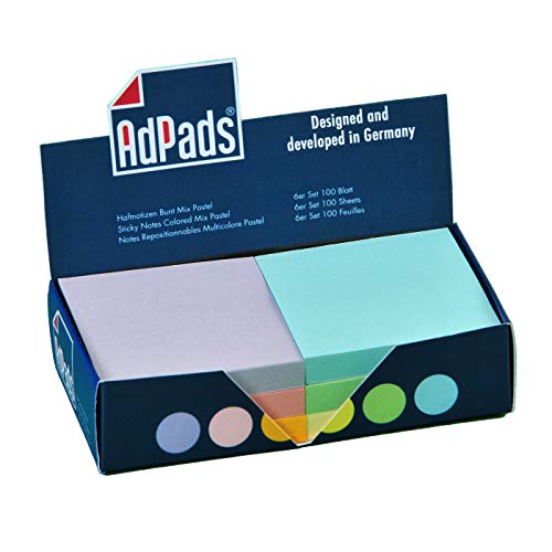 AdPads® selbstklebende Haftnotizzettel | 75 x 70mm, 6 Blöcke à 100 Blatt, Set Bunt Pastellfarbe | Kleine Sticky Notes Box von AdPads
