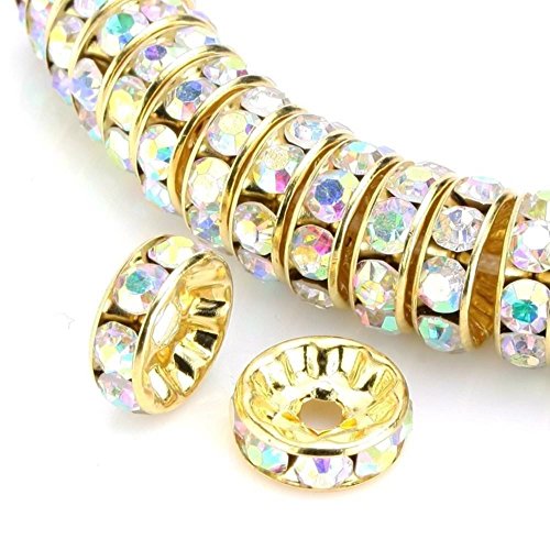 Adabele CF7-802 Kristallperlen, Güteklasse A, 8 mm, Kristall-Strass-Rondelle, Abstandhalter, lose Perlen (Crystal AB), vergoldetes Messing, runde Metallperlen, 200 Stück von Adabele