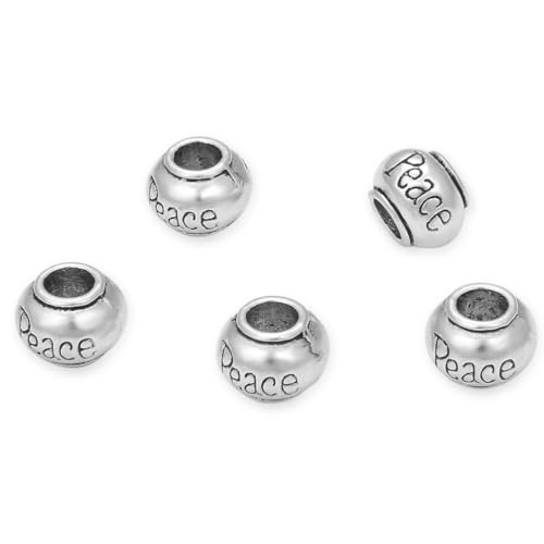 MEC-C8 Peace-Perlen mit großem Loch, lose runde Perlen (4,5 mm Loch), Antik-Silber, Metall-Abstandshalter für Bastelarbeiten, Schmuckherstellung, 40 Stück von Adabele
