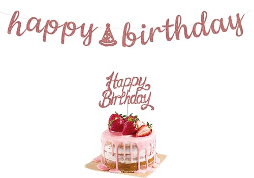 Happy Birthday Banner Schild & Kuchen Topper Party Dekorationen – Rosa Geburtstag Party Dekoration Supplies (Pink-2) von Adachffy