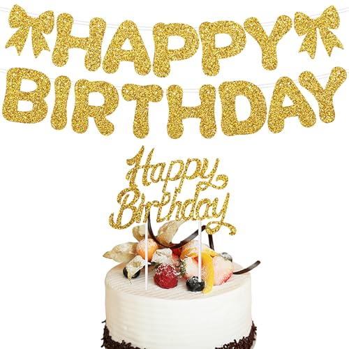 Happy Birthday Banner Schild & Kuchendekoration Partydekorationen – Goldfarbene Geburtstagsparty-Dekorations-Zubehör (Gold-1) von Adachffy