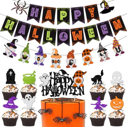 Zwerg/Katze/Zaubererhut/Kürbis/Fledermaus/Spinne/Geister Happy Halloween Party Dekorationen Girlande Banner Schild Set – 15,2 cm schwarzer Glitzer Terror Halloween Party Dekoration Gastgeschenke und von Adachffy