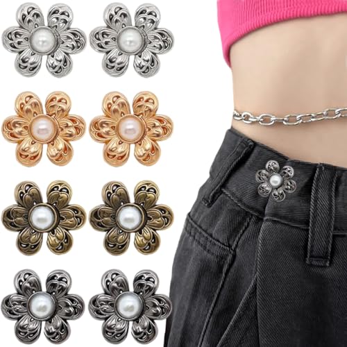 Taillenspanner mit Blumenmuster, verstellbare Taillenschnallen, abnehmbare dekorative Schnallen, Metallperlen, Brosche, kein Nähen und kein Werkzeug, Jeansknöpfe für lose Jeans, Hosen, Röcke, 8 Stück von AddLotLot