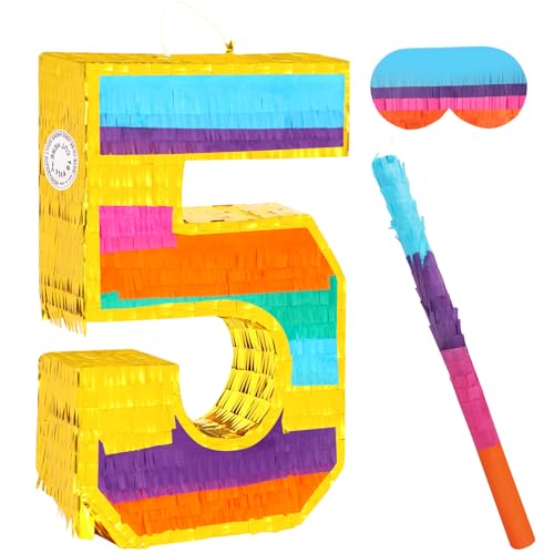 Regenbogen Zahl 5 Deko für Pinata Party mit Regenbogen-Augenmasken und Holzstäbchen für Jungen und Mädchen Geburtstagspartys, Kinderjubiläumsfeiern, Karnevalspartys von Adecortalk