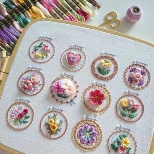Aderpmin Stickset für kleine Blumenrahmen, Blumenstickerei-Set für Anfänger mit Muster und Anleitung (evtl. nicht in deutscher Sprache), 12 verschiedene Stiche, DIY-Kits, von Aderpmin