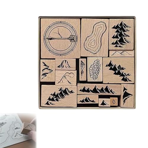 Handgefertigtes Stempel-Set zur Kartenherstellung, Stempel-Set, 16 Stück, Vintage-Holzstempel-Set, Gummistempel für Kartenherstellung, Berge, Flüsse, Wälder, Gebäude, Holzstempel (1) von Aderpmin