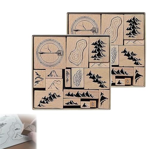 Handgefertigtes Stempel-Set zur Kartenherstellung, Stempel-Set, 16 Stück, Vintage-Holzstempel-Set, Gummistempel für Kartenherstellung, Berge, Flüsse, Wälder, Gebäude, Holzstempel (2) von Aderpmin