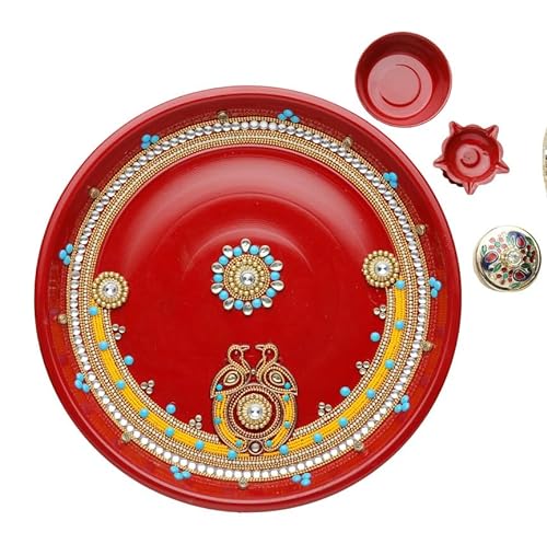 Aditri Creation Red Pooja Thali Plate Platter Decorative Stainless Steel Puja Thali with Essential Pooja Articles for Aarti Pooja Rituals Festival Decorations & Home Decor Gifting (Size:- 10") von Aditri Creation