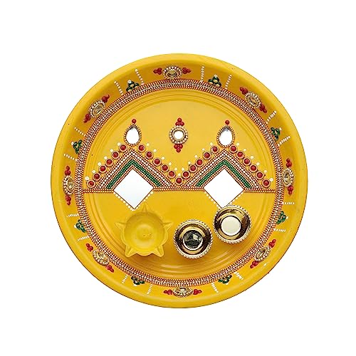 Handcrafted Thali Plate Small Pooja Thali Plate Engagement Ring Platter Decorative Steel Puja Thali with Diya for Aarti Pooja Rituals Festival Wedding Decorations & New Year Gifting(Size- 6") von Aditri Creation